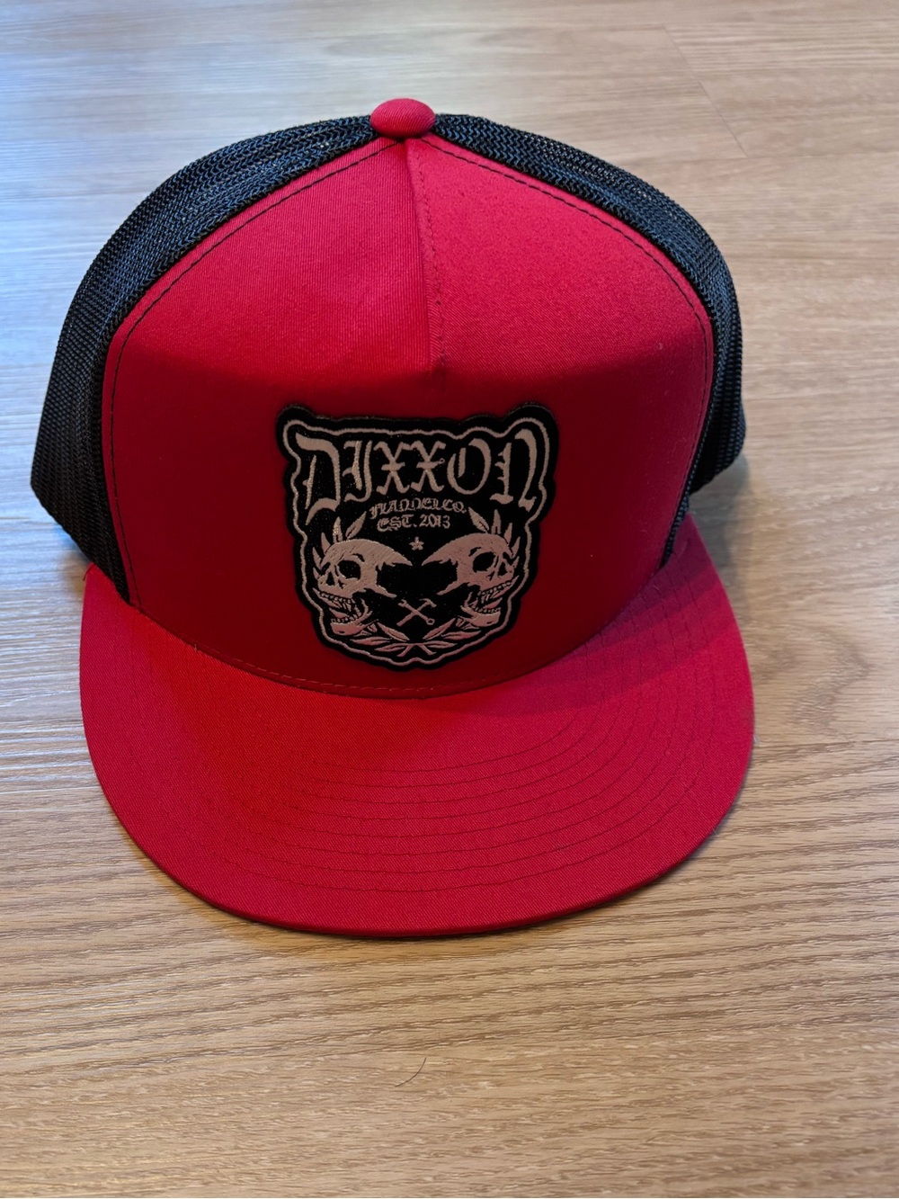 DIXXON Flannel Co Skull Crest Flat Bill Trucker Adjustable SnapBack Red Black